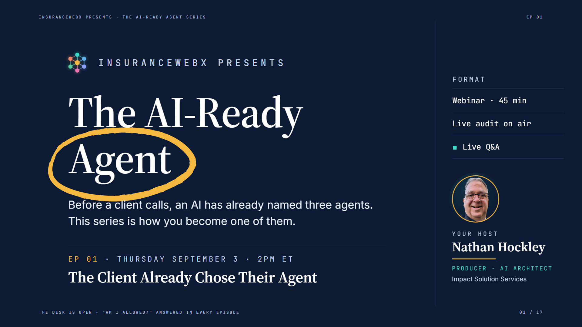 Title card for EP 01, The Client Already Chose Their Agent. The AI-Ready Agent, presented by InsuranceWebX.